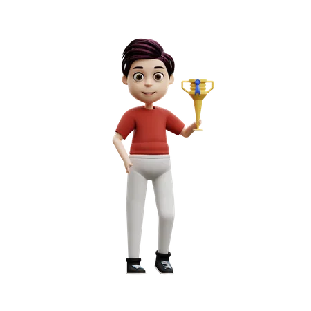Chico estudiante sosteniendo un trofeo  3D Illustration