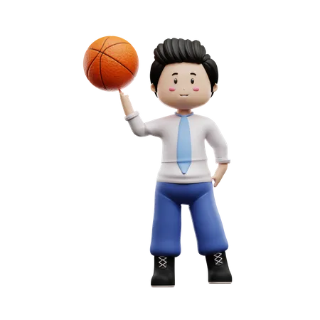 Chico estudiante girando baloncesto  3D Illustration