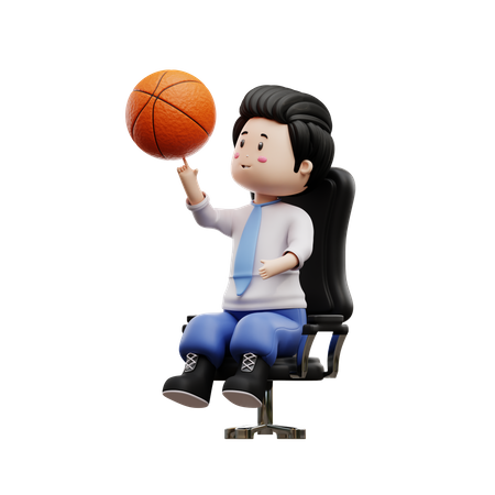 Chico estudiante girando baloncesto en silla  3D Illustration
