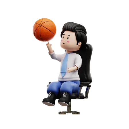 Chico estudiante girando baloncesto en silla  3D Illustration