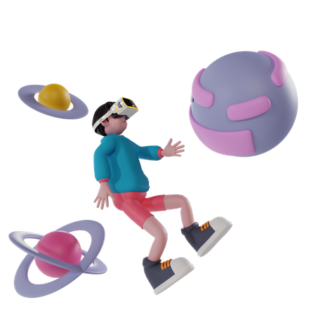 Niño explorando el universo virtual usando tecnología VR  3D Icon