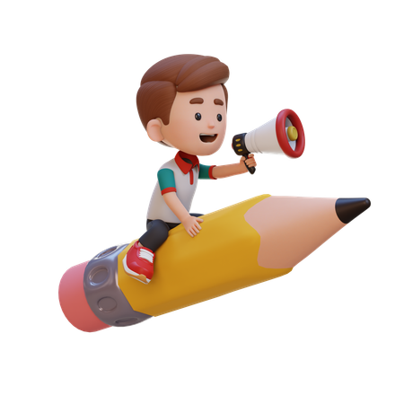 Niño feliz montando un lápiz y sosteniendo un megáfono  3D Illustration