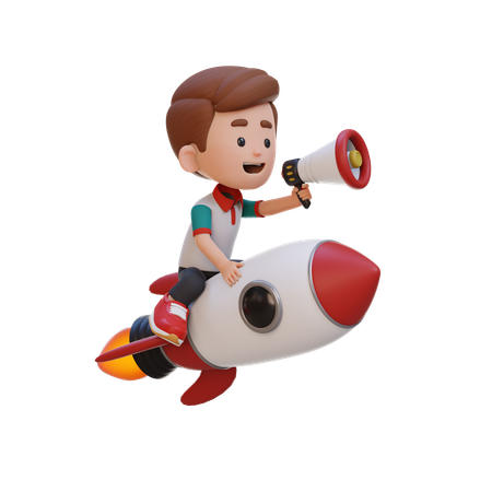 Niño feliz montando un cohete y sosteniendo un megáfono  3D Illustration