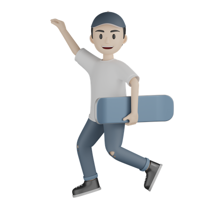 Niño feliz saltando mientras sostiene el monopatín  3D Illustration