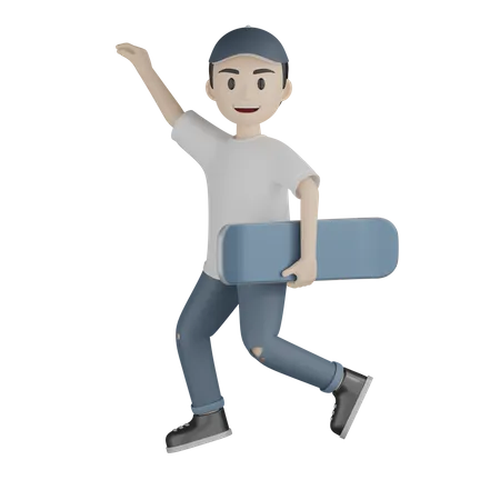 Niño feliz saltando mientras sostiene el monopatín  3D Illustration