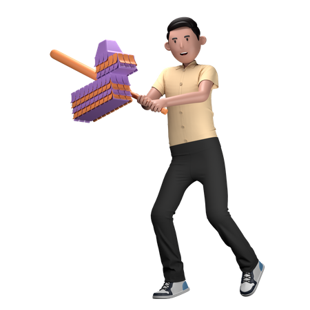 Niño golpeando piñata con bate  3D Illustration