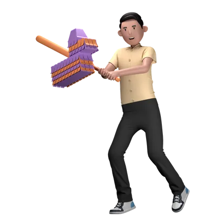 Niño golpeando piñata con bate  3D Illustration