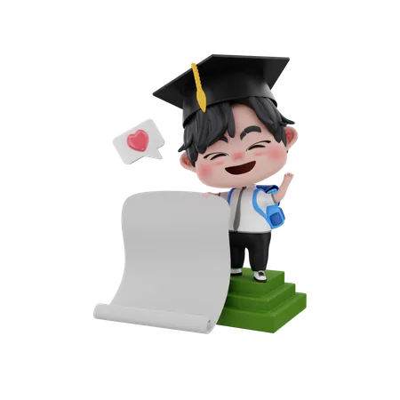 Niño graduado sosteniendo papel en blanco  3D Illustration