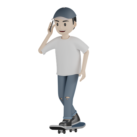 Niño hablando por teléfono mientras anda en patineta  3D Illustration