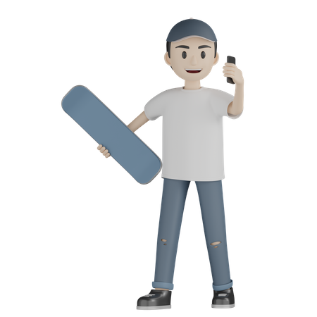 Niño hablando por teléfono mientras sostiene la patineta  3D Illustration