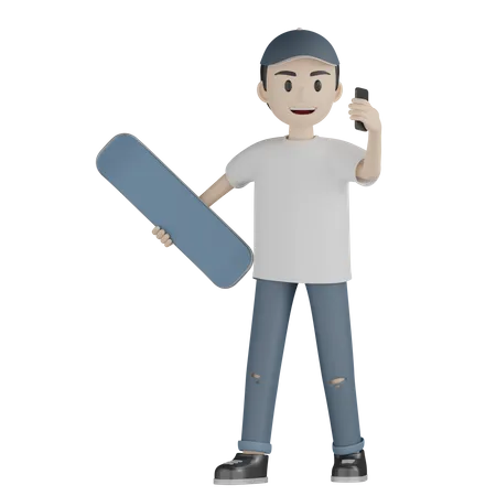 Niño hablando por teléfono mientras sostiene la patineta  3D Illustration