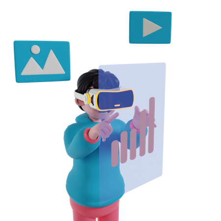 Niño haciendo análisis de datos usando tecnología VR  3D Illustration