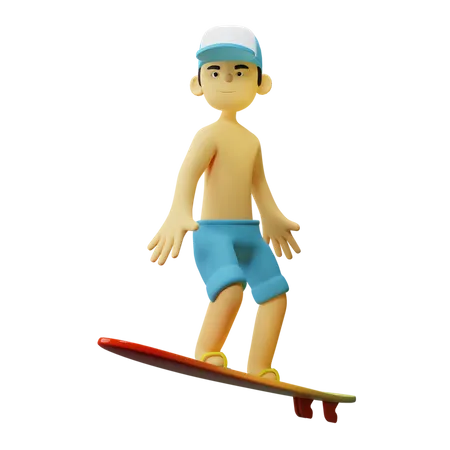 Niño haciendo surf en tabla de surf  3D Illustration