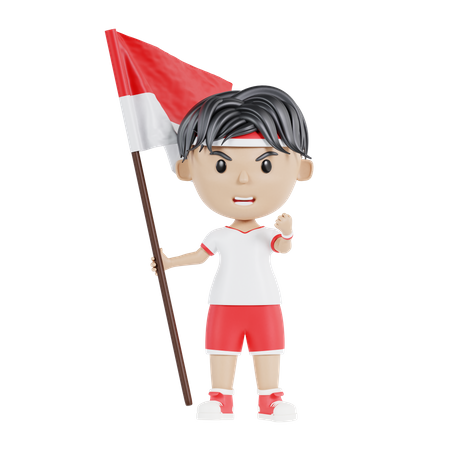 Niño indonesio salido sosteniendo la bandera indonesia  3D Illustration