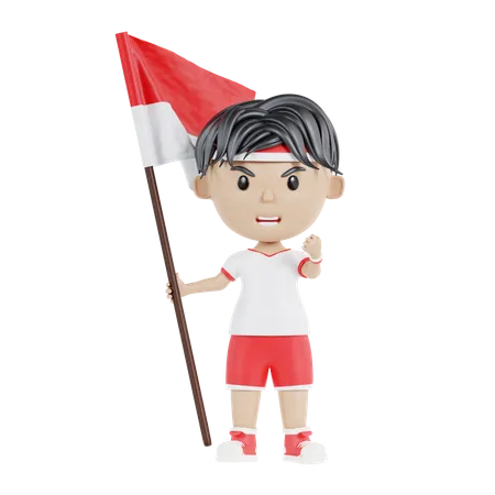 Niño indonesio salido sosteniendo la bandera indonesia  3D Illustration