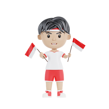 Niño indonesio sosteniendo la bandera indonesia  3D Illustration