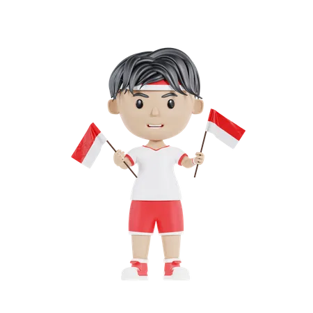 Niño indonesio sosteniendo la bandera indonesia  3D Illustration