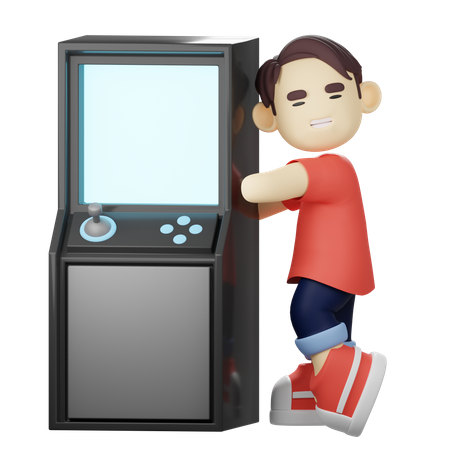 Al niño le encanta jugar en una máquina arcade retro  3D Illustration