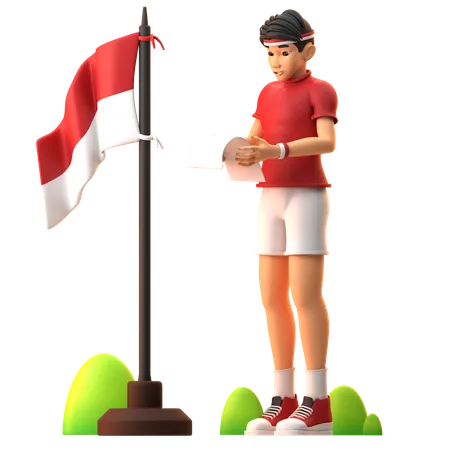 Niño leyendo sobre el día de la independencia de Indonesia  3D Illustration