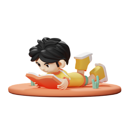 Niño leyendo un libro mientras está acostado en el suelo  3D Illustration