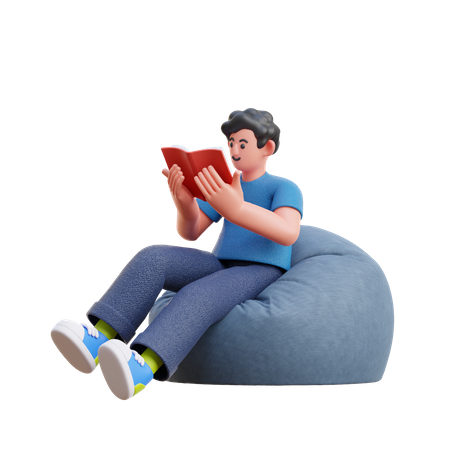 Niño leyendo un libro mientras está sentado en una bolsa de frijoles  3D Illustration