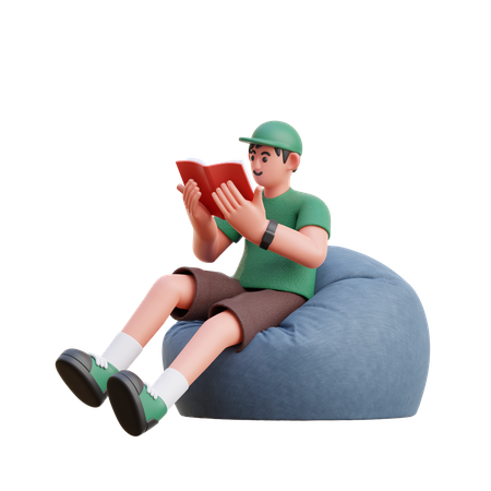 Niño leyendo un libro mientras está sentado en una bolsa de frijoles  3D Illustration