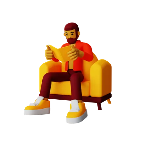 Niño leyendo un libro mientras está sentado en el sofá  3D Illustration