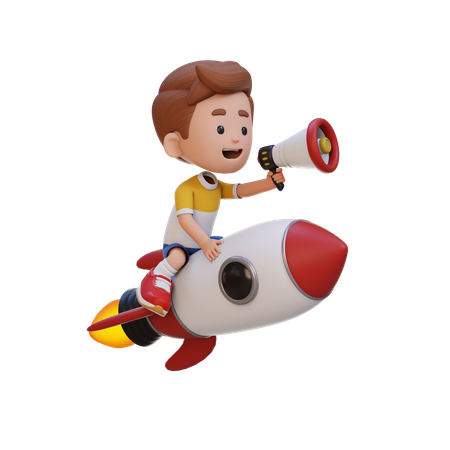 Niño montando un cohete y sosteniendo un megáfono  3D Illustration