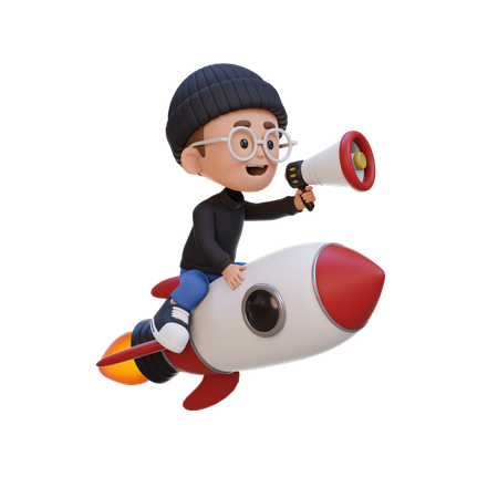Niño montando un cohete y sosteniendo un megáfono  3D Illustration