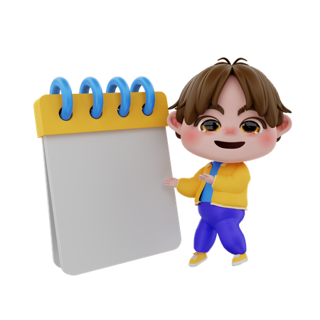 Niño mostrando bloc de notas en blanco  3D Illustration