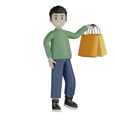 Niño mostrando bolsas de compras  3D Illustration