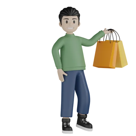 Niño mostrando bolsas de compras  3D Illustration