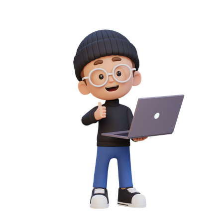 Niño mostrando el pulgar hacia arriba mientras sostiene una computadora portátil  3D Icon