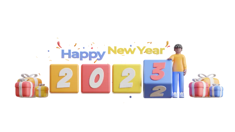 Niño mostrando feliz año nuevo 2023  3D Illustration