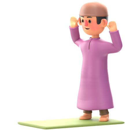 Niño musulmán haciendo la oración del takbir  3D Illustration