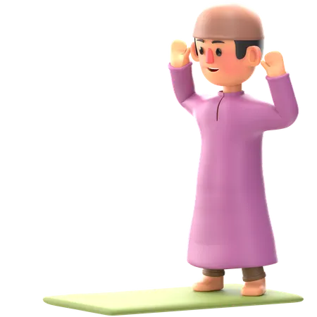 Niño musulmán haciendo la oración del takbir  3D Illustration