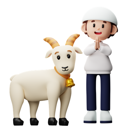 Niño musulmán mostrando saludos con cabra  3D Icon