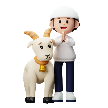 Niño musulmán mostrando saludos con cabra  3D Icon