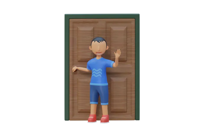 Niño pequeño de pie y sosteniendo el pomo de la puerta  3D Illustration