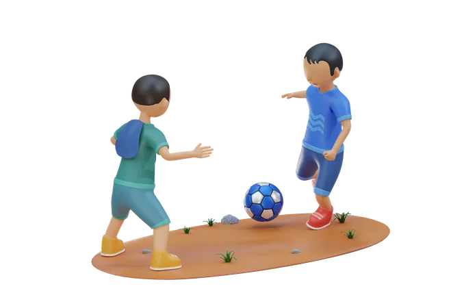 Un niño pequeño juega al fútbol junto con un amigo  3D Illustration