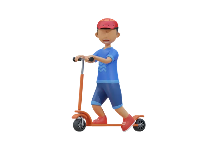 Un niño pequeño anda en scooter y usa casco  3D Illustration