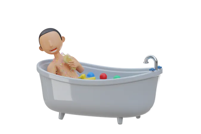 Un niño pequeño se baña en la bañera  3D Illustration