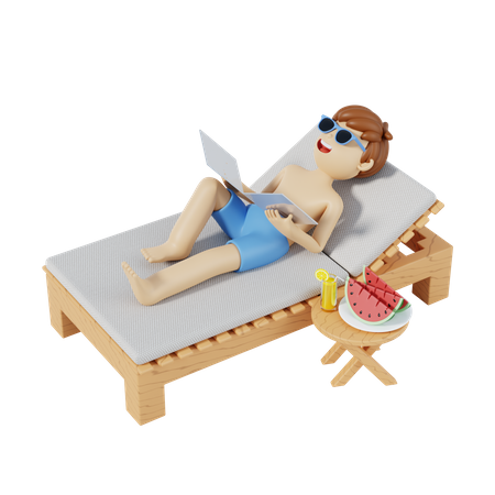 Niño relajándose en la playa en una silla  3D Icon