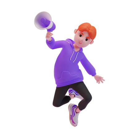 Un joven saltando en el aire con un megáfono.  3D Illustration