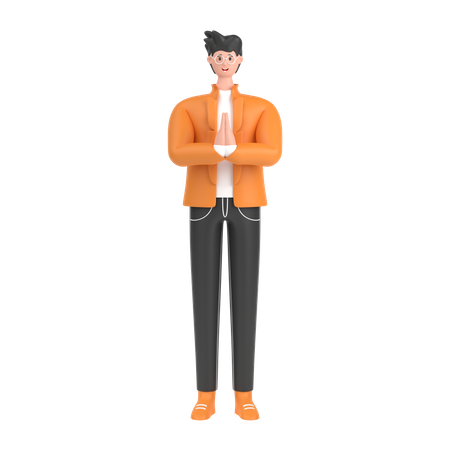 Niño saludando diciendo namaste con las manos.  3D Icon
