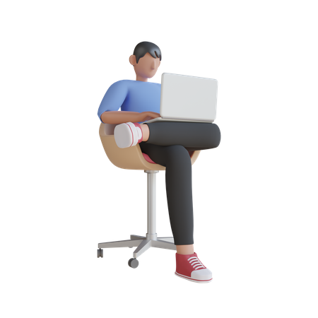 Niño sentado en una silla con una computadora portátil  3D Illustration
