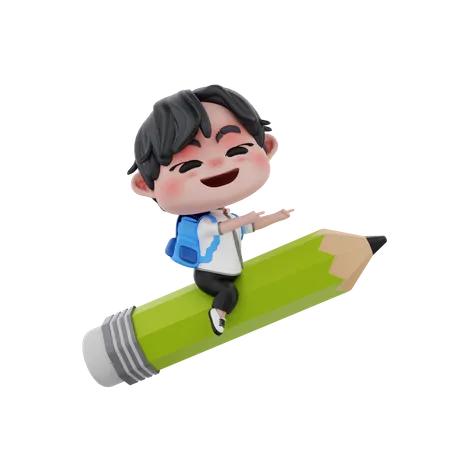 Niño sentado en un lápiz  3D Illustration