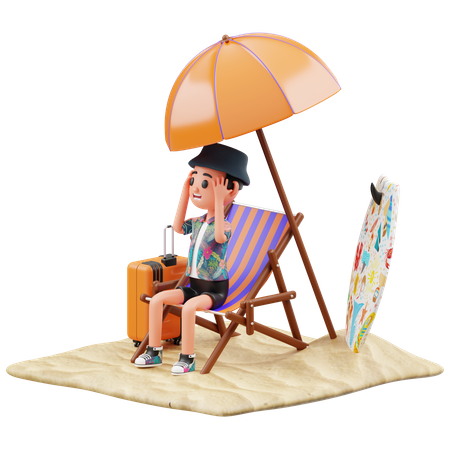 Niño sorprendido en la playa  3D Illustration