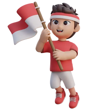 Niño sosteniendo la bandera de indonesia  3D Illustration