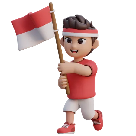 Niño sosteniendo la bandera de indonesia  3D Illustration